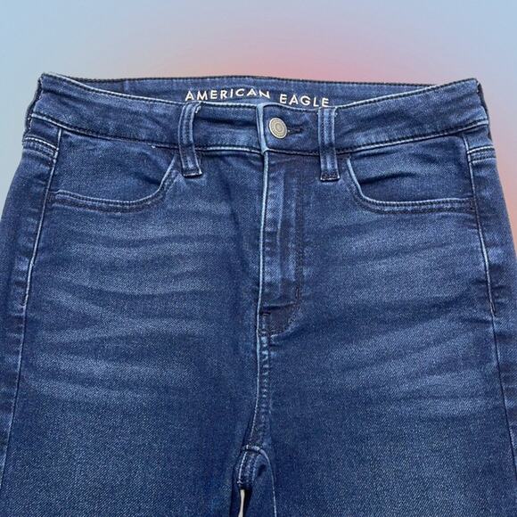 AMERICAN EAGLE Women’s 4 Long SUPER HIGH RISE LEGGING Blue Jeans - Picture 1 of 4